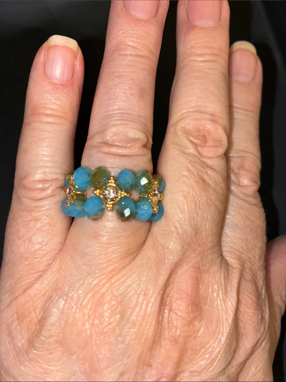 Gold-Trimmed Turquoise Beaded Stretch Ring